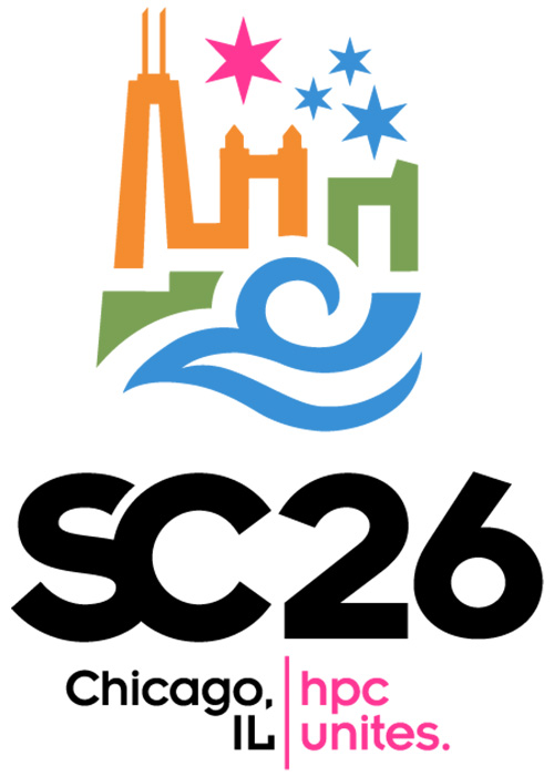 The SC26 logo. It has a colorful skyline and reads "Chicago, IL" "HPC Unites"